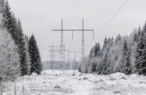 Kraftledning gjennom vinterkledd skog