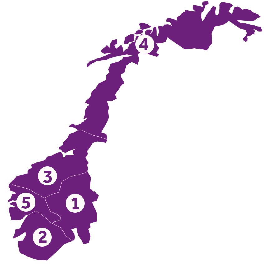 Kart over de 5 strømprissonene i Norge