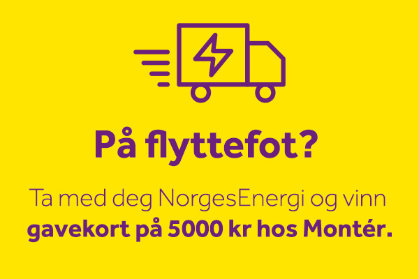 Plakat med teksten: På flyttefot? Ta med deg NorgesEnergi og vinn gavekort på 5000 kroner hos Montér.